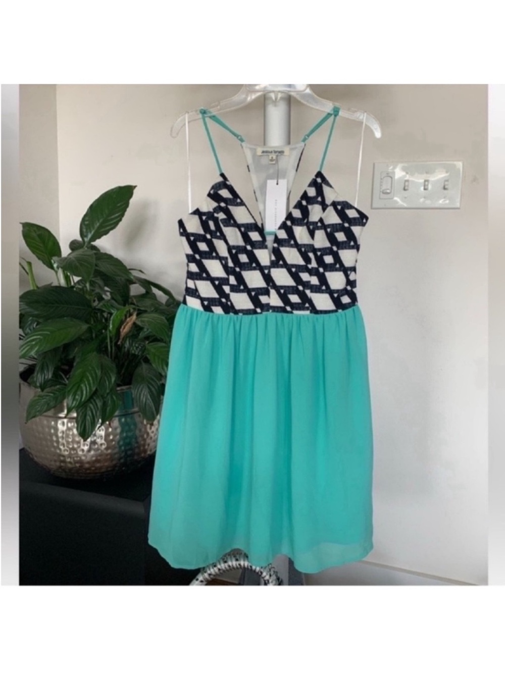 Jealous Tomato Aztec Tribal Print Halter Mini Dress Sz S black White teal New